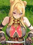  1girl :o ? arm_strap bare_shoulders belt black_gloves black_shirt blonde_hair blurry blurry_background braid breasts brown_belt brown_gloves commentary double_bun elbow_gloves english_commentary gloves gold_trim gurumie hair_bun highres holding holding_sword holding_weapon hololive hololive_indonesia kaela_kovalskia kaela_kovalskia_(5th_costume) large_breasts light_blush long_hair looking_at_viewer multicolored_gloves official_alternate_costume official_alternate_hairstyle parted_lips plastron_(necklace) red_eyes ribbed_shirt shirt side_braid single_braid sleeveless sleeveless_shirt solo sweat sword two-sided_gloves two-tone_gloves upper_body virtual_youtuber weapon 