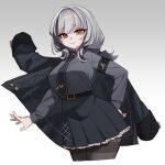  1girl armband belt black_armband black_hair black_jacket black_necktie black_pantyhose black_shirt black_skirt black_streaks breasts brown_eyes collared_shirt commentary commission cropped_legs gradient_background grey_background grey_hair high-waist_belt highres huge_breasts jacket jacket_on_shoulders long_hair looking_at_viewer magnet_(akwlspt) multicolored_hair necktie original pantyhose shirt skirt solo streaked_hair tented_shirt thighband_pantyhose two-tone_hair untranslatable_commentary 