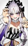  1girl bare_shoulders black_bow black_eyes blush bow braid breasts cleavage collar colored_inner_hair commentary_request detached_sleeves dress fate/strange_fake fate_(series) francesca_prelati_(fate) frilled_collar frills garter_straps grey_hair hair_bow highres kabosoi_mangaka large_breasts long_hair looking_at_viewer multicolored_hair open_mouth panties parted_bangs purple_hair ringed_eyes sidelocks smile solo striped_clothes striped_dress thighhighs thighs underwear very_long_hair white_dress white_panties white_thighhighs 