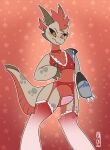 amber_eyes anthro blush christmas christmas_clothing christmas_lingerie clothing collar cybernetics erection genitals hi_res holidays lingerie machine male penis red_body red_skin ryker_(remyraccoon) scalie sickbelle solo tan_body tan_skin 