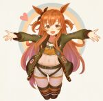  1girl :d animal_ears brown_eyes brown_hair commentary_request crop_top cropped_legs dog_tags ear_ribbon green_jacket heart horse_ears horse_girl horse_tail jacket long_hair long_sleeves looking_at_viewer mayano_top_gun_(scramble_zone)_(umamusume) mayano_top_gun_(umamusume) midriff open_clothes open_jacket open_mouth purea shorts simple_background smile solo tail two_side_up umamusume white_shorts 