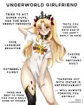  1girl artist_name asymmetrical_legwear bare_legs black_nails blonde_hair blush bow breasts brown_hair buster_shirt casual clothes_writing commentary_request cowboy_shot crown diamond_(shape) earrings ereshkigal_(fate) eyelashes fate/grand_order fate_(series) fingernails gold gold_earrings groin hair_bow hair_intakes hair_ornament hair_ribbon highres hoop_earrings jewelry legs long_hair medium_breasts meme midriff nail_polish navel no_bra no_panties paid_reward_available parted_bangs print_shirt red_eyes red_pupils ribbon shiny_skin shirt sidelocks simple_background skin_tight small_breasts solo standing stomach straight_hair t-shirt thighs tiara translation_request twintails twitter_username two_side_up very_long_hair white_background white_shirt xkzan 