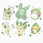  antenna_hair black_eyes blush brown_eyes celebi commentary fangs green_eyes highres jira_077 leafeon no_humans open_mouth pink_eyes pokemon pokemon_(creature) pokemon_focus reuniclus sewaddle shaymin shaymin_(land) simple_background smile sprigatito untranslatable_commentary wings 
