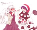  2girls angel_wings bad_id bad_twitter_id black_capelet blue_hair blush bow bowtie braid breasts cake capelet closed_eyes commentary_request dated doremy_sweet dress feathered_wings feeding food fork fruit gift_art grey_hair half_up_braid happy_birthday hat highres holding holding_fork jacket kishin_sagume long_sleeves medium_breasts mochigumo multiple_girls nightcap open_clothes open_jacket open_mouth pom_pom_(clothes) purple_dress red_bow red_bowtie red_eyes red_hat short_hair simple_background single_wing smile strawberry tail tapir_tail touhou white_background white_wings wings yellow_jacket yuri 
