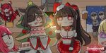  2boys 5girls animal_ears bat_wings beer_mug blonde_hair breasts brown_hair cake cake_slice chibi chibi_only chimney christmas christmas_tree copyright_logo copyright_name cream cup demon_girl demon_horns eating english_text fireplace food fox_ears fox_girl haru_(sword_master_story) hat highres holding holding_plate horns indoors large_breasts logo mug multiple_boys multiple_girls night plate red_hair santa_hat senlong45 snowing sword_master_story wings yui_(sword_master_story) yuria_(sword_master_story) 