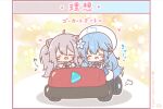  2girls :d ^_^ ahoge animal_ear_fluff animal_ears beret blue_bow blue_hair blue_jacket blush_stickers bow chibi closed_eyes commentary_request driving fang fur-trimmed_jacket fur_trim grey_hair hat heart heart_ahoge highres hololive jacket lion_ears logo long_hair mad_max mitarashi_neko multicolored_hair multiple_girls pointy_ears shadow shirt shishiro_botan shishiro_botan_(1st_costume) smile streaked_hair translation_request twintails very_long_hair virtual_youtuber white_hat white_shirt yukihana_lamy yukihana_lamy_(1st_costume) 