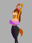  3:4 absurd_res anthro arms_above_head big_breasts bottomwear bra breasts callie_senta canid canine cleavage clothed clothing female fox fully_clothed fur gym_clothing hair hi_res huge_breasts looking_at_viewer mammal navel pants simple_background solo sports_bra stretching tight_clothing underwear yoga_pants 