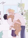  2boys a_co_pi animal arm_up ash_lynx banana_fish bathroom bathtub black_hair black_shorts blonde_hair blue_pants bottle closed_eyes commentary_request denim dog from_side grin hanging_plant highres holding holding_animal indoors jeans leaning_back leaning_forward male_focus multiple_boys okumura_eiji pants parted_bangs plant potted_plant shampoo_bottle shirt short_sleeves shorts shower_head smile soap standing striped_clothes striped_shorts tile_wall tiles towel vertical-striped_clothes vertical-striped_shorts wet wet_clothes white_shirt window 