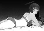  1girl black_hair black_halo blue_archive bright_pupils commentary halo highres koshimizu_you light_blush long_hair lying on_stomach parted_lips ringed_eyes rio_(blue_archive) solo turning_head underwear underwear_only 
