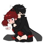  @_@ amamiya_ren black_hair black_jacket blush gloves hug hug_from_behind jacket joker_(persona_5) persona persona_5 persona_5_the_royal ponytail red_gloves red_hair sweatdrop violet_(persona_5) yolrsona yoshizawa_kasumi 