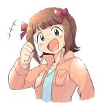  1girl :d amami_haruka blue_shirt bow breast_pocket brown_hair collared_jacket cropped_torso green_eyes hair_bow hand_up idolmaster idolmaster_(classic) jacket long_sleeves looking_at_viewer multiple_hair_bows open_clothes open_jacket open_mouth pink_jacket pocket red_bow shirt short_hair simple_background smile solo tsubobot white_background 