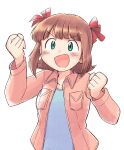  1girl :d amami_haruka blue_shirt bow breast_pocket brown_hair clenched_hands collared_jacket commentary_request green_eyes hair_bow hands_up idolmaster idolmaster_(classic) jacket long_sleeves multiple_hair_bows open_clothes open_jacket open_mouth pink_jacket pocket red_bow shirt short_hair simple_background smile solo tsubobot upper_body v-shaped_eyebrows white_background 