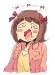  1girl @_@ amami_haruka blush_stickers bow breast_pocket brown_hair collared_jacket cropped_torso dizzy hair_bow idolmaster idolmaster_(classic) jacket multiple_hair_bows open_clothes open_jacket pink_jacket pocket raised_inner_eyebrows red_bow shirt short_hair simple_background solo spiral-only_eyes sweatdrop tsubobot white_background yellow_shirt 