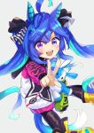  1girl @_@ absurdres ahoge animal_ears aqua_hair black_leggings blue_eyes blue_hair boots bow clothes_writing crossed_bangs feet_out_of_frame grey_background hair_bow heterochromia highres hood hoodie horse_ears horse_girl horse_tail kume_no leggings long_hair long_sleeves looking_at_viewer multicolored_hair multicolored_hoodie open_mouth outstretched_arm purple_eyes sharp_teeth sidelocks simple_background solo striped_bow stuffed_animal stuffed_rabbit stuffed_toy tail teeth twin_turbo_(blast_mode!_turbo_engine)_(umamusume) twin_turbo_(umamusume) twintails two-tone_hair umamusume upper_teeth_only very_long_hair w yellow_boots 
