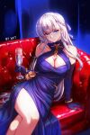  1girl azur_lane bare_shoulders belfast_(azur_lane) belfast_(the_noble_attendant)_(azur_lane) blue_dress blue_gloves bracelet braid breasts champagne_flute cleavage closed_mouth commentary_request criss-cross_halter cup dress drinking_glass elbow_gloves evening_gown flower gloves hair_between_eyes halter_dress halterneck highres holding hoshidou-sama jewelry large_breasts light_smile long_dress long_hair looking_at_viewer official_alternate_costume purple_eyes ring sitting very_long_hair white_hair 
