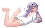  1girl absurdres alternate_costume barefoot gem hair_over_one_eye highres hololive hololive_english jewel_under_eye koseki_bijou long_hair looking_at_viewer looking_back lying off_shoulder on_stomach open_mouth panpanmc4 purple_eyes purple_gem shirt short_sleeves shorts shoulder_blades simple_background sleep_mask solo stuffed_toy t-shirt virtual_youtuber white_background white_shirt white_shorts 