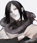  1boy black_shirt black_snake closed_mouth commentary_request crossed_arms fangs hair_behind_ear highres long_hair long_sleeves looking_at_viewer male_focus naruto_(series) open_mouth orochimaru_(naruto) shirt short_sleeves simple_background snake snake_wrapped_around_neck solo strh_07 white_background white_shirt yellow_eyes 