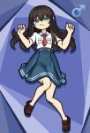  1boy blue_background blue_blood_lagoon blue_eyes blue_skirt blush breast_pocket brown_hair brown_shoes clenched_hands clenched_teeth crossdressing crossdressing_(mtf) frown half-closed_eyes hands_up highres loafers long_hair looking_at_viewer lying mars_symbol miyq neckerchief on_back pocket red_neckerchief school_uniform shirt shoes short_sleeves skirt solo teeth trap white_shirt yin_hsiao-feng 