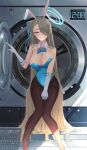  1girl absurdly_long_hair absurdres animal_ears asuna_(blue_archive) asuna_(bunny)_(blue_archive) bare_shoulders blonde_hair blue_archive blue_bow blue_bowtie blue_eyes blue_halo blue_leotard bow bowtie breasts cleavage commentary_request detached_collar fake_animal_ears gloves hair_over_one_eye halo highres large_breasts leotard long_hair looking_at_viewer official_alternate_costume pang-yo pantyhose playboy_bunny rabbit_ears solo strapless strapless_leotard thighband_pantyhose traditional_bowtie very_long_hair washing_machine white_gloves 