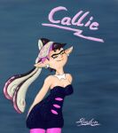 aquatic black_hair breasts callie_(splatoon) cephalopod clothing ear_piercing ear_ring female hair hi_res humanoid inkling light_body light_skin long_ears medium_breasts mollusk nintendo pale_skin piercing ring_piercing slogstin solo splatoon yellow_eyes