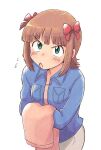  1girl :o amami_haruka angry blue_jacket bow breast_pocket brown_hair collared_jacket flying_sweatdrops green_eyes hair_bow holding holding_towel idolmaster idolmaster_(classic) jacket long_hair long_sleeves multiple_hair_bows pocket red_bow short_hair simple_background solo standing towel tsubobot v-shaped_eyebrows white_background 