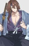  1boy absurdres black_hakama blue_haori brown_hair closed_mouth collarbone expressionless feet_out_of_frame forehead_protector granblue_fantasy grey_background hair_between_eyes hair_over_shoulder hakama haori head_tilt highres holding holding_sword holding_weapon indian_style japanese_clothes katana keita_kg85 large_pectorals long_hair looking_at_viewer male_focus muscular muscular_male one_eye_closed orange_eyes partially_open_shirt pectoral_cleavage pectorals purple_shirt sanpaku sheath sheathed shirt side_part siegfried_(granblue_fantasy) simple_background sitting solo sweat sword wavy_hair weapon 