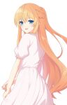  1girl alternate_costume artemisia_bell_ashcroft blonde_hair blue_eyes braid date_a_live dress half_up_braid highres lime_ill_10 long_hair open_mouth puffy_short_sleeves puffy_sleeves short_sleeves smile solo white_background white_dress 