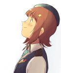  1girl amami_haruka black_hat black_vest brown_hair closed_mouth collared_shirt from_side hat idolmaster idolmaster_(classic) light_smile looking_ahead no_hair_bow profile shirt short_hair simple_background single_thighhigh solo thighhighs tsubobot upper_body vest white_background white_shirt 