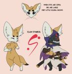  anthro belt big_ears big_eyes biped brown_body brown_fur canid canine cloak clothed clothing digital_media_(artwork) english_text eyebrows female fennec fox fur gloves handwear hi_res honky_kat hood mammal mask melee_weapon model_sheet nude scabbard sheathed_weapon short simple_background solo sword symbol text thick_eyebrows weapon 