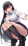  1girl absurdres alternate_costume black_hair black_shoes black_skirt black_socks blue_archive blue_bow blue_bowtie bow bowtie bra bra_peek breasts button_gap chien_zero collared_shirt commentary_request hair_behind_ear hair_ornament hairclip highres large_breasts loafers long_hair looking_at_viewer millennium_science_school_logo miniskirt missing_halo parted_lips red_eyes revision rio_(blue_archive) school_uniform shirt shoes simple_background skirt socks solo squatting thighs underwear very_long_hair white_background white_shirt 