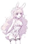  1girl :d alternate_costume animal_ears bare_shoulders bow breasts cleavage commentary_request cowboy_shot detached_collar detached_sleeves dot_nose flower hair_flower hair_ornament leotard long_hair looking_at_viewer mahou_shoujo_madoka_magica mahou_shoujo_madoka_magica_magia_exedra medium_breasts o-ring o-ring_thigh_strap open_mouth partially_colored playboy_bunny purple_eyes rabbit_ears simple_background smile solo standing strapless strapless_leotard thigh_strap thighhighs wavy_hair white_background yoake_sumire yukishiro_(hitsuji) 