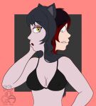 2022 animal_humanoid artist_watermark bikini black_hair blake_belladonna breasts cat_humanoid cleavage clothed clothing conjoined conjoined_at_head digital_drawing_(artwork) digital_media_(artwork) duo english_description faunus felid felid_humanoid feline feline_humanoid female freaking_out hair hi_res highlights_(coloring) human humanoid mammal mammal_humanoid nipple_outline open_mouth quickswift red_highlights rooster_teeth ruby_rose rwby signature simple_background swimwear two-piece_swimsuit watermark yellow_eyes