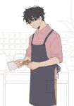  1boy a_co_pi apron banana_fish black_apron black_hair brown_eyes brown_pants closed_mouth coffee_mug collared_shirt commentary cup food holding holding_cup holding_plate indoors kitchen male_focus mug okumura_eiji open_collar pancake pancake_stack pants plant plate potted_plant red_shirt shirt short_hair sleeves_rolled_up smile solo standing unfinished 