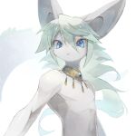  1:1 :&lt; ambiguous_species anthro anubis_(whitexterior) athletic athletic_anthro athletic_male big_ears biped blue_eyes choker featureless_chest front_view gem gold_(metal) gold_jewelry green_hair hair half-length_portrait jewelry kemono long_hair looking_at_viewer male mammal monotone_body monotone_ears monotone_hair necklace nude portrait simple_background slim solo standing three-quarter_view white_background white_body white_ears whitexterior 