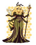  1girl 2026 antennae arthropod_girl artist_name bee_girl black_dress black_gloves black_sclera blonde_hair colored_sclera colored_skin commentary crown dress english_commentary extra_arms full_body gloves highres holding holding_staff honeycomb_(pattern) honeycomb_background insect_wings jewelry long_dress mismatched_eyebrows necklace original pixel_art solo staff stinger thisislux white_eyes wings yellow_skin 