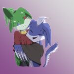 1:1 4_ears anthro apology avali avian biped blue_body blue_feathers claws clothed clothing cooki_(character) digital_media_(artwork) duo feathered_wings feathers female green_body green_feathers heterochromia hi_res hug kreeper_art male male/female mohawk multi_ear rogue_emberwing tail tail_feathers white_body white_feathers winged_arms wings
