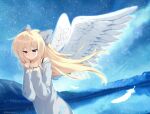  1girl 2000s_(style) animal_ears animification artist_name blonde_hair blush commentary cutie_mark derpy_hooves dress faux_retro_artstyle feathered_wings feathers grey_dress highres horse_ears horse_girl jelly_(bonnybel) long_hair long_sleeves looking_down mountain my_little_pony my_little_pony:_friendship_is_magic night off-shoulder_dress off_shoulder outdoors personification procreate_(medium) sky solo star_(sky) starry_sky very_long_hair water white_wings wings yellow_eyes 