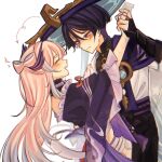  1boy 1girl aqua_gem arched_back armor arms_up arrow_(symbol) belt black_belt black_bodysuit black_bridal_gauntlets black_shorts blue_hat blue_jingasa blue_sleeves blunt_ends blush bodysuit bow-shaped_hair bridal_gauntlets cape choker choppy_bangs clam_shell_ornament closed_eyes closed_mouth clothing_cutout colored_tips couple detached_collar doll_joints eyelashes eyeliner facing_another feathers fin_hair_ornament frilled_sleeves frills furisode gem genshin_impact gold gold_ring grey_hair hair_between_eyes half-closed_eyes hand_on_another's_back happy hat heart hetero highres hip_vent holding_hands japanese_armor japanese_clothes jingasa joints kimono kote kurokote lace-trimmed_collar lace_trim layered_sleeves leaning_back leaning_forward long_hair looking_at_another makeup mandarin_collar middle_ring multicolored_hair open_mouth pink_hair pom_pom_(clothes) purple_cape purple_choker purple_eyes purple_hair purple_kimono purple_rope purple_sash purple_sleeves red_eyeliner rope sangonomiya_kokomi sash scaramouche_(genshin_impact) seigaiha short_eyebrows short_sleeves shorts shoulder_peek side_cape sidelocks smile tassel teeth three-quarter_sleeves umeivy upper_teeth_only vision_(genshin_impact) wanderer_(genshin_impact) white_background white_kimono white_sleeves white_trim wi-fi_symbol wide_sleeves yellow_feathers 