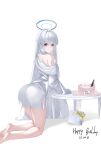  1girl absurdres blue_archive box cake dated food gift gift_box halo happy_birthday highres kneeling koh_ya_kim long_hair looking_at_viewer no_pants noa_(blue_archive) purple_eyes shirt solo white_background white_hair white_halo white_shirt 