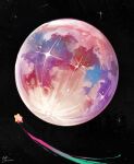  black_sky commentary full_moon highres kirby kirby_(series) moon no_humans painterly pink_moon shooting_star signature sky solo space star_(sky) star_(symbol) starry_sky untranslatable_commentary very_wide_shot wide_shot zubi_(zewbee) 