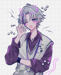  1boy ahoge blush claw_pose commentary drawn_ears drawn_tail fuwa_minato fuwa_minato_(8th_costume) grey_hair grid_background hair_between_eyes hand_up highres long_sleeves male_focus marinat0530 multicolored_hair nijisanji one_eye_closed open_mouth purple_eyes purple_shirt shirt solo streaked_hair sweater_vest upper_body virtual_youtuber white_sweater_vest 