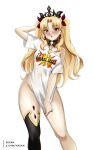  1girl artist_name asymmetrical_legwear bare_legs black_nails blonde_hair blush bow breasts brown_hair buster_shirt casual clothes_writing commentary_request cowboy_shot crown diamond_(shape) earrings ereshkigal_(fate) eyelashes fate/grand_order fate_(series) fingernails gold gold_earrings groin hair_bow hair_intakes hair_ornament hair_ribbon highres hoop_earrings jewelry legs long_hair medium_breasts meme midriff nail_polish navel no_bra no_panties paid_reward_available parted_bangs print_shirt red_eyes red_pupils ribbon shiny_skin shirt sidelocks simple_background skin_tight small_breasts solo standing stomach straight_hair t-shirt thighs tiara twintails twitter_username two_side_up very_long_hair white_background white_shirt xkzan 