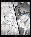  2boys aotsuki_eito blue_eyes breast_pocket character_name clenched_teeth commentary drawstring english_text evil_grin evil_smile glasses greyscale grin highres hood hoodie jacket jacket_over_hoodie male_focus monochrome multicolored_hair multiple_boys pocket short_hair smile split_screen spoilers spot_color streaked_hair sumino_takumi sweat teeth the_hundred_line_-last_defense_academy- tkei_cherry 