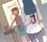  2girls amami_haruka arm_behind_back bag blue_hair blue_skirt blunt_ends bow box breast_pocket brown_hair collared_jacket commentary_request day dutch_angle from_behind gift gift_box green_eyes grey_pants hair_bow holding holding_gift idolmaster idolmaster_(classic) idolmaster_1 indoors jacket kisaragi_chihaya long_hair looking_at_another multiple_girls multiple_hair_bows open_mouth pants pink_bow pocket shirt short_hair shoulder_bag skirt smile tsubobot white_shirt 