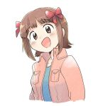  1girl :d alternate_eye_color amami_haruka bow breast_pocket brown_eyes brown_hair collared_jacket cropped_torso hair_bow idolmaster idolmaster_(classic) jacket looking_at_viewer multiple_hair_bows open_clothes open_jacket open_mouth pink_jacket pocket red_bow short_hair simple_background smile solo tsubobot white_background 