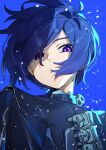  1girl blue_background blue_cloak blue_hair chawarabi cloak commentary_request hair_over_mouth hair_over_one_eye highres looking_at_viewer parted_lips portrait promeia_(zenless_zone_zero) purple_eyes solo zenless_zone_zero 