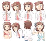  1girl :d amami_haruka averting_eyes bikini blue_dress bow breast_pocket breasts brown_hair closed_eyes closed_mouth collared_jacket cute_&amp;_girly_(idolmaster) dress gloves gravure_swimsuit_(idolmaster) green_eyes hair_bow highres idolmaster idolmaster_(classic) idolmaster_1 jacket long_sleeves looking_at_viewer multiple_hair_bows multiple_views navel official_alternate_costume open_clothes open_jacket open_mouth pastel_marine_(idolmaster) pink_shirt pocket red_bikini red_bow shirt short_hair simple_background smile solo swimsuit tsubobot white_background white_gloves white_jacket 