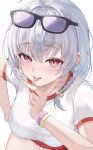 1girl 81q7bvjempsb6yb absurdres bare_legs birthday blue_archive blush braid buruma commentary_request eyewear_on_head gym_shirt gym_uniform hair_ornament happy_birthday haruna_(blue_archive) haruna_(track)_(blue_archive) highres long_hair looking_at_viewer missing_halo red_buruma red_eyes ribbon shirt side_braid simple_background solo tongue tongue_out track_suit white_background white_hair 