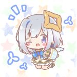  1girl ;d amane_kanata amane_kanata_(1st_costume) black_boots black_skirt blue_bow blue_eyes blue_hair blue_wings blush_stickers boots bow chibi commentary_request frilled_skirt frills gradient_wings grey_jacket highres hololive jacket looking_at_viewer mini_wings mitarashi_neko multicolored_hair multicolored_wings notice_lines one_eye_closed plaid_clothes plaid_socks single_hair_intake skirt smile socks solo star_(symbol) two-tone_hair virtual_youtuber white_background white_wings wings 