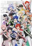  6+boys :d animal_ears anniversary antenna_hair aragami_oga arms_up arurandeisu astel_leda beckoning belt black_choker black_gloves black_hair black_shirt blonde_hair blonde_streaks blue_belt blue_eyes blue_hair blue_streaks bracelet choker clenched_hand copyright_name cowboy_shot dark-skinned_male dark_skin demon_horns earrings english_text everyone fist_pump flower glasses gloves gold_trim green_belt green_eyes grey_background grey_hair grin hair_flower hair_ornament half_updo hanasaki_miyabi heterochromia highres hitodama hizaki_gamma holostars holostars_idol_uniform_(movin_on) horns idol_clothes jackal_boy jackal_ears jewelry kageyama_shien kanade_izuru kishido_temma long_hair male_focus medium_hair minase_rio mole mole_under_eye multicolored_hair multiple_boys necklace official_alternate_costume one_eye_closed open_mouth orange_belt orange_eyes orange_hair outstretched_arm outstretched_hand pants pink_belt pink_flower pink_hair pointing pointing_forward purple_belt purple_eyes purple_hair red-framed_eyewear red_belt red_hair rikka_(holostars) sash sharp_teeth shirt short_hair shoulder_sash single_earring single_glove single_horn sleeve_cuffs smile streaked_hair teeth thigh_strap utsugi_uyu v virtual_youtuber waist_cape white_hair white_pants white_streaks xxmabukaxx yatogami_fuma yellow_belt yellow_eyes yukoku_roberu 